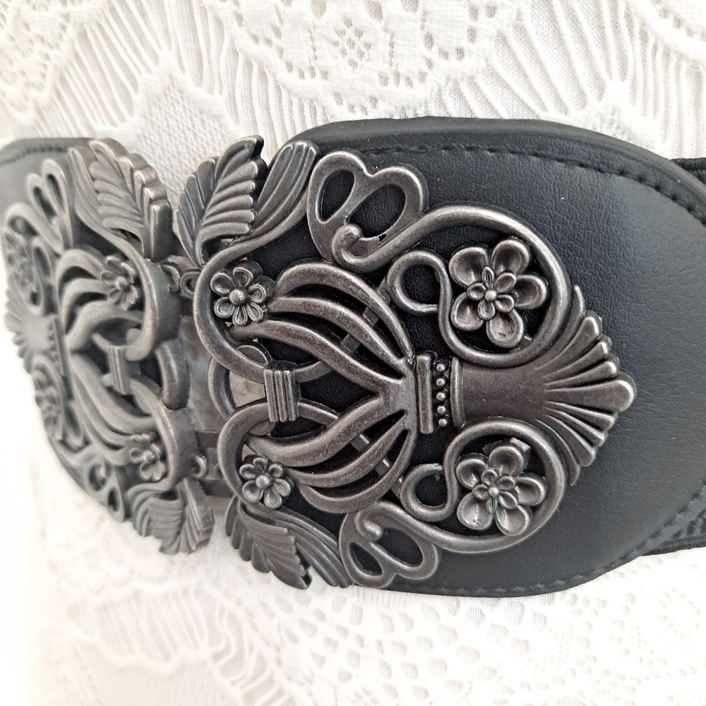 Black floral buckle corset boho elastic wide waist goth party dress belt - Picture 11 of 16